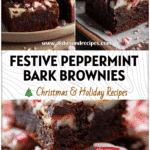 A plate of fudgy peppermint bark brownies topped with crushed candy canes and melted chocolate.